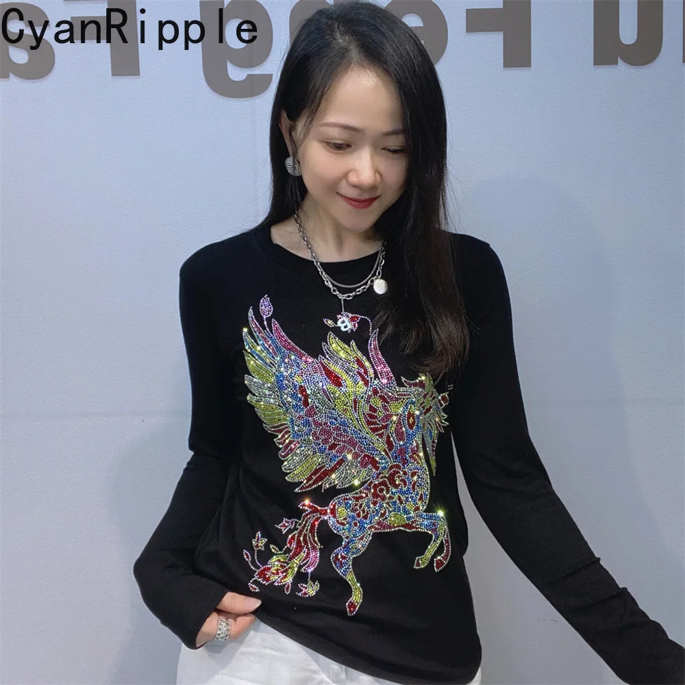 2026 New Spring Autumn Long Sleeve Women T-shirt Round Neck Pullover Top Shiny Hot Diamonds All-match High Stretch Basic Tees