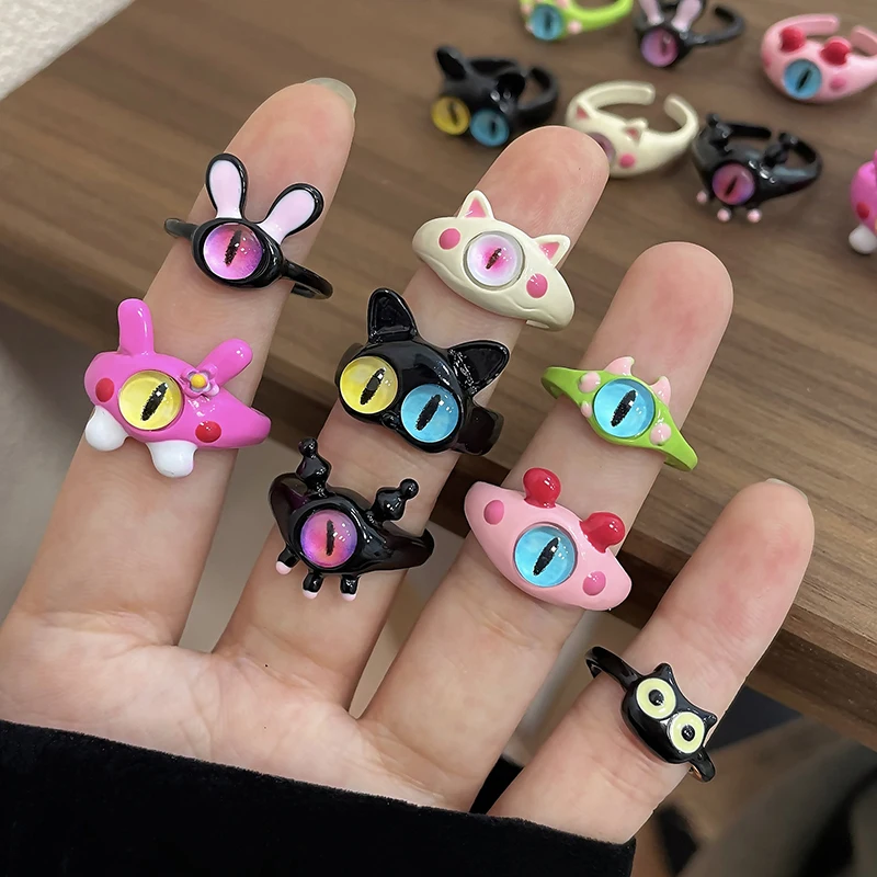 Cartoon One Eyed Little Monster Opening Ring for Women Girls Cute Glaze Demon Sweet Cool Cat Finger Accessories Fashion Jewelry