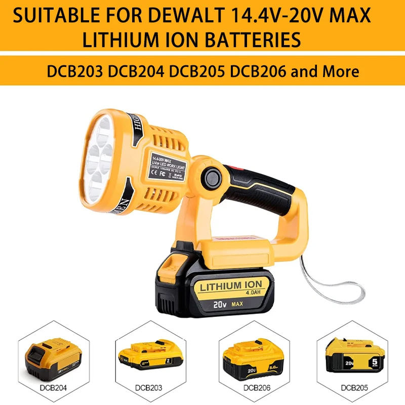 3W/12W LED Work Light Flashlight for Dewalt 20V 18V Lithium Battery DCB203 DCB205 Portable Handheld Jobsite Spotlight with USB