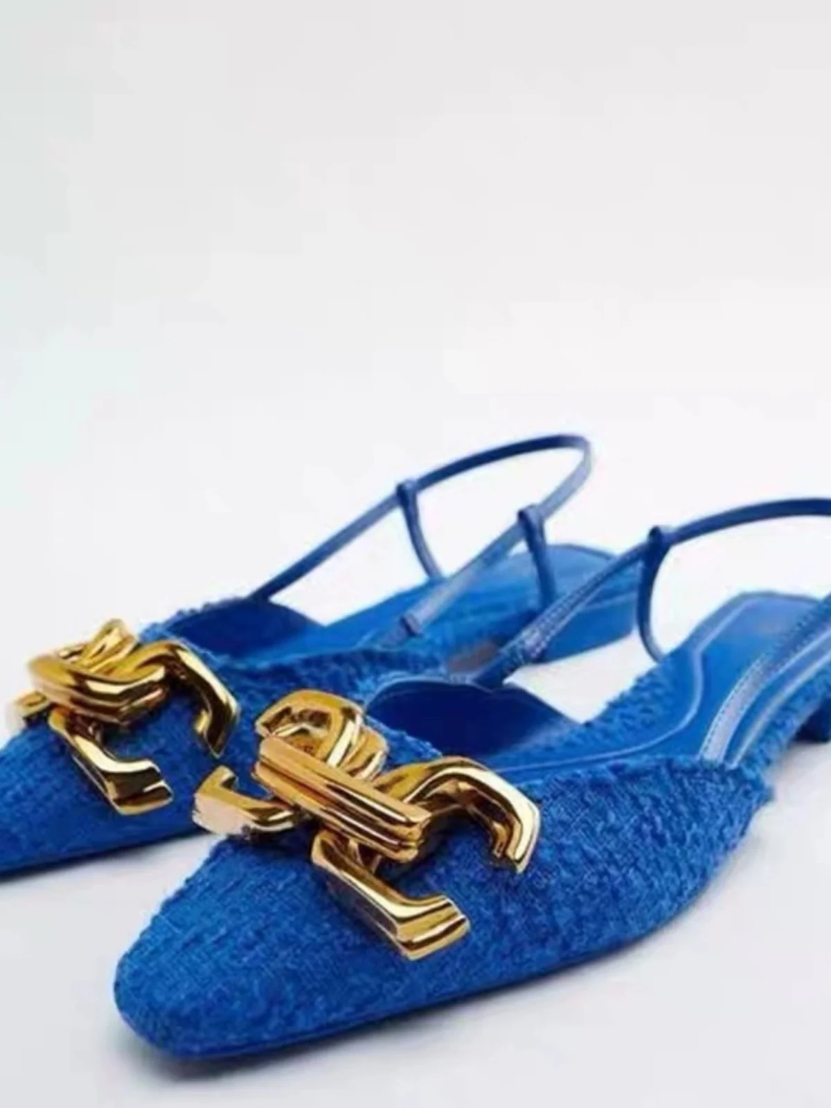 

Новые женские декоративные тканевые мюли с квадратным носком, синие, на плоской подошве, полуоткрытые, модные повседневные сандалии без застежек