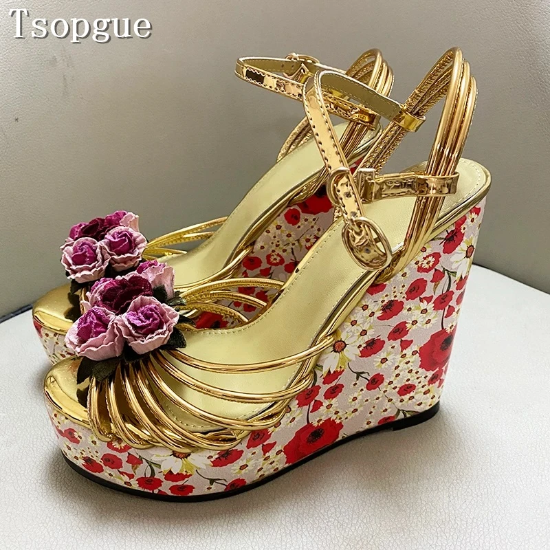 Gold Floral Wedge Heel Sandals Women Luxury 3D Rose Flower Ankle Strap Platform High Heels Party Wedding Dress Shoes view 6
