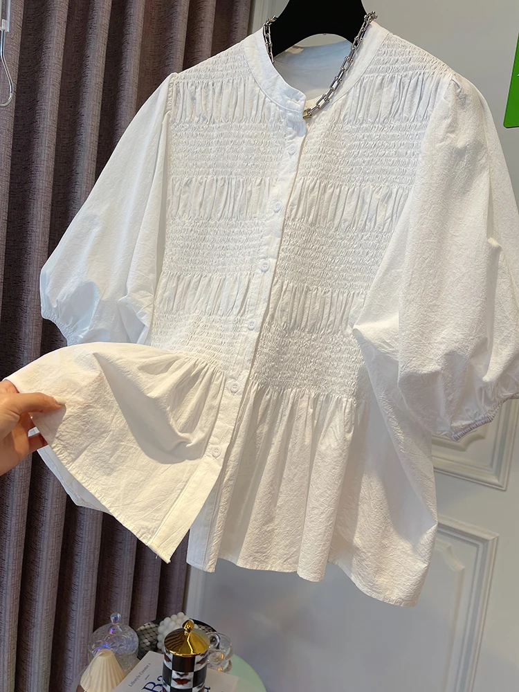 Japan Style Summer Loose Blouses Pleated Ins Vintage Single Breasted Women Shirts Solid Puff Sleeve Fashion Blusas 2024 White