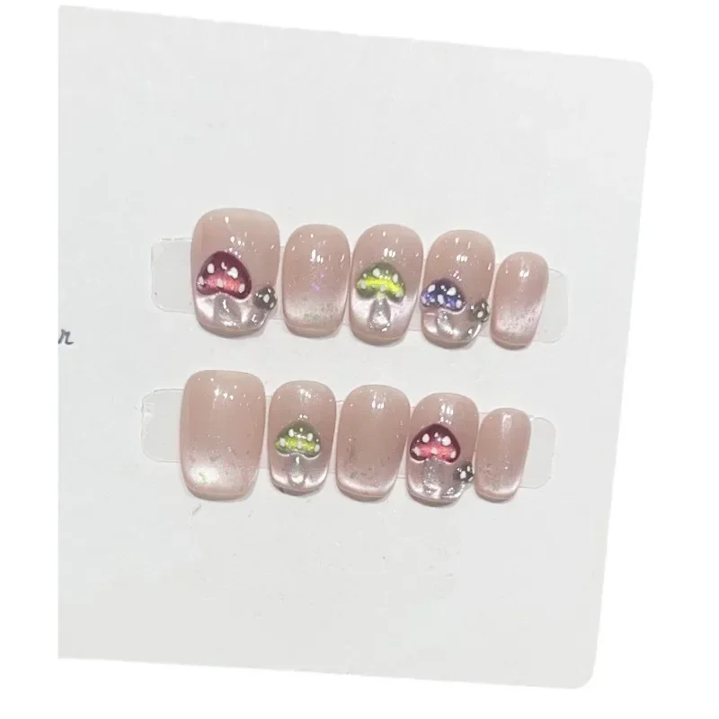 10 Stks/set Volledige Dekking Valse Nagels Pers Op Nagels Nep Nagels Diy Pure Handgemaakte Verwijderbare Glazen Cat Eye Franse Tulpenboog Diamant