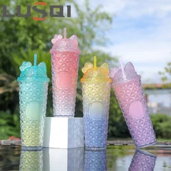 LUSQI 1PC 710ML Double Layer Water Bottle Creative Durian Large Capacity Portable Water Cup With Straw & Cute Bow Tie Decoration