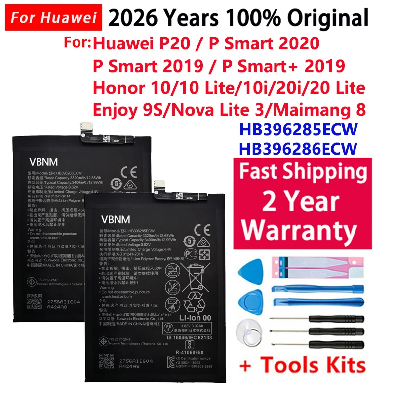 100% Original 3400mAh HB396285ECW Phone Battery For Huawei P20 Honor 10 COL-AL00 COL-AL10 COL-TL00 COL-TL10 COL-L29 + Tool