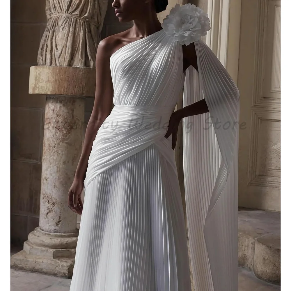 White One Shoulder Pleated Satin Wedding Dress 3D Floral Detail A Line Floor Length Elegant Formal Bridal Gown