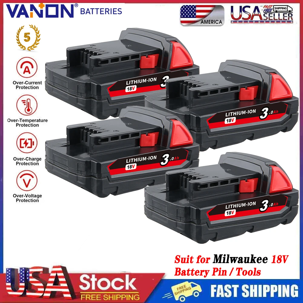 

VANON 4Pcs M18 3.0Ah Replacement Lithium Ion Power Tool Batteries Replace for Milwaukee 18V 48-11-1815 48-11-1850 48-11-1860
