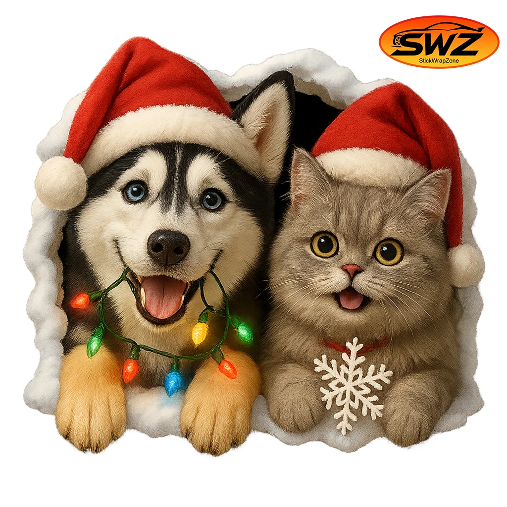 

Cute Husky & Cat Peek Sticker – 3D Christmas Window Hole Pet Vinyl Decal for Car, Laptop & Home Decoration
