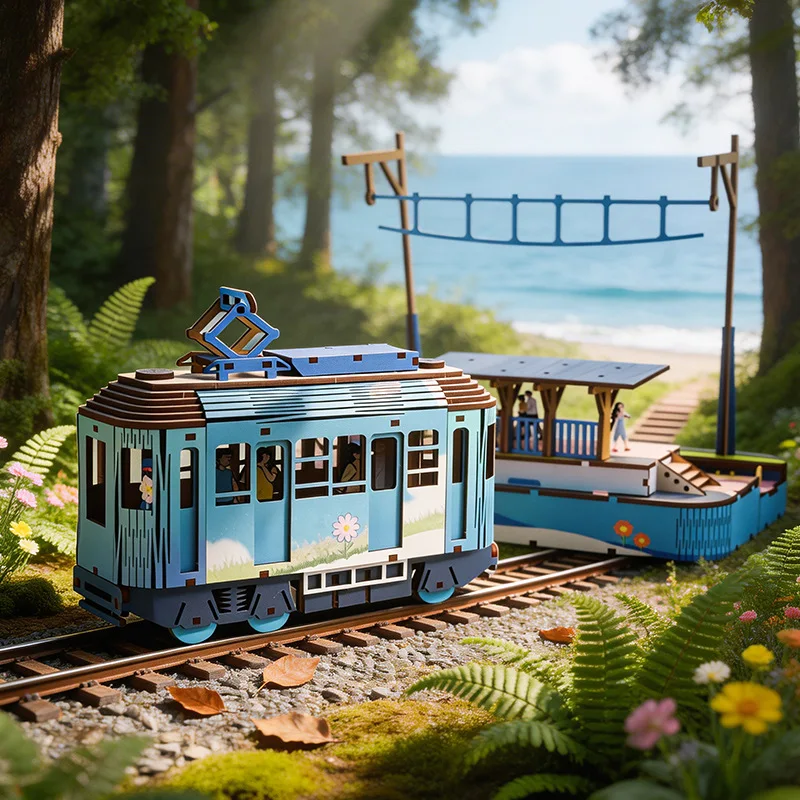 Wooden Tram 3D Puzzle, DIY Assembly Streetcar Model Kit, Colorful Electric Train Craft, Educational Toy & Desktop Decor for Kids