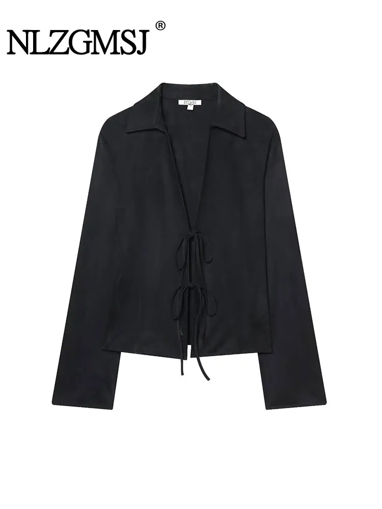 

NLZGMSJ Women Casual Blouse 2026 Spring Long Sleeve V Neck Bow Lace Up Shirt Female Office Lady Top Y2K