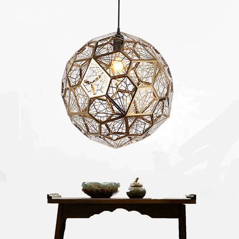 Modern Etch Web Pendant Lights Round Art Diamond Ball Stainless Steel Dining Room Bedroom Desktop Hanging Lamps Fixture WF1016