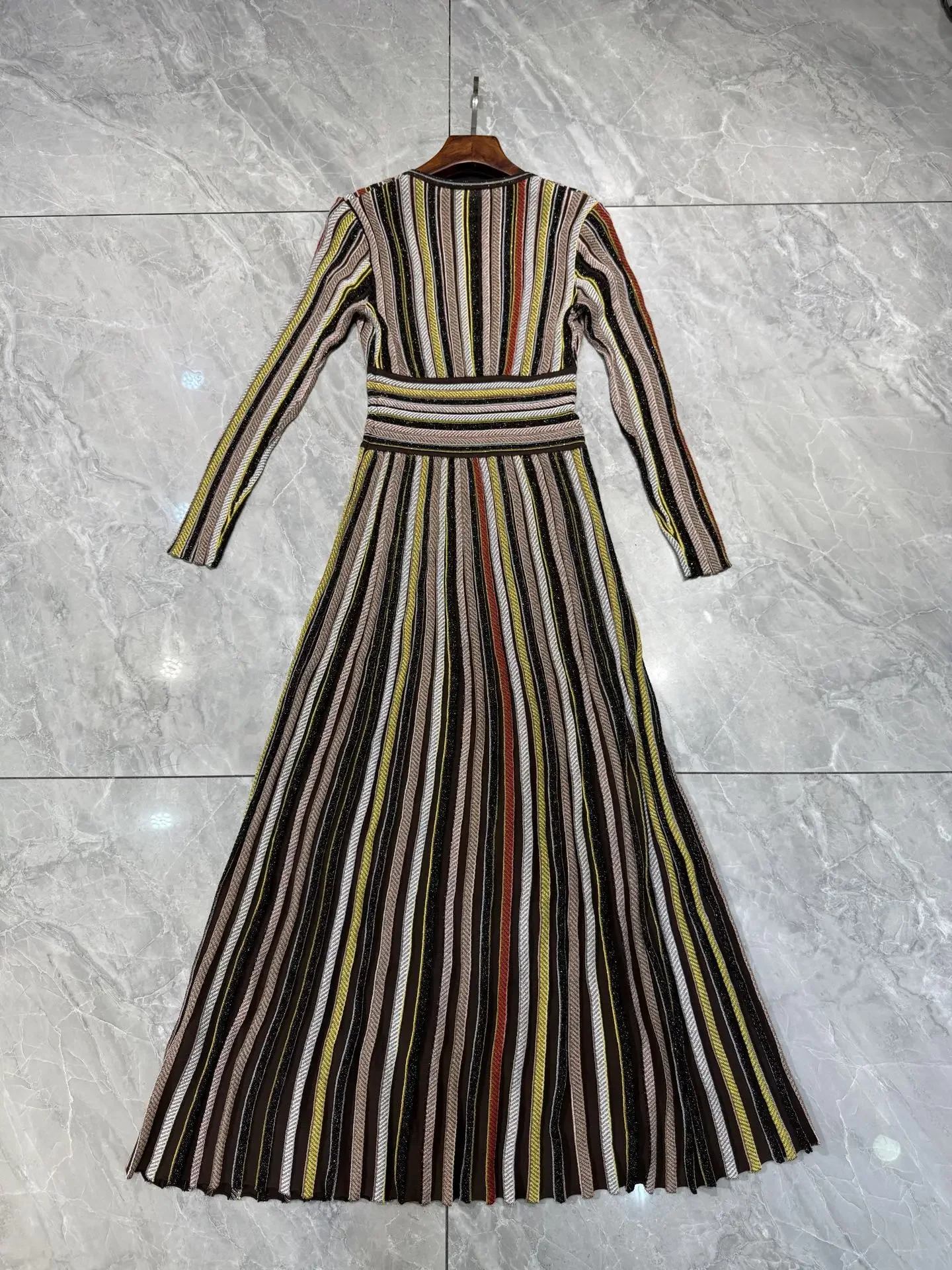 2 cores feminino metálico lantejoulas listrado robe cintura elástica com decote em v manga longa vintage senhoras vestido maxi de malha