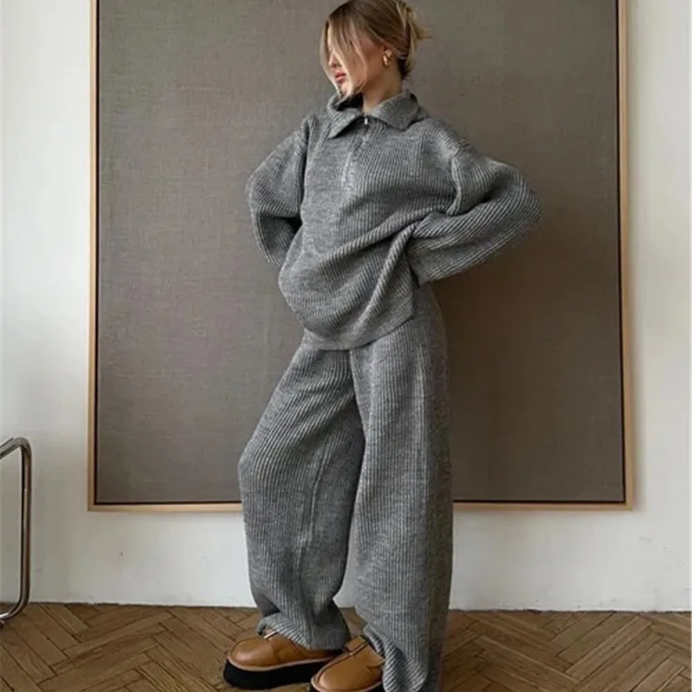 Autumn Winter New Casual Loose Knitted Women's Sweater Set Half Zipper Hoodie Top and Wide Leg Trousers Two-piece Set Streetwear