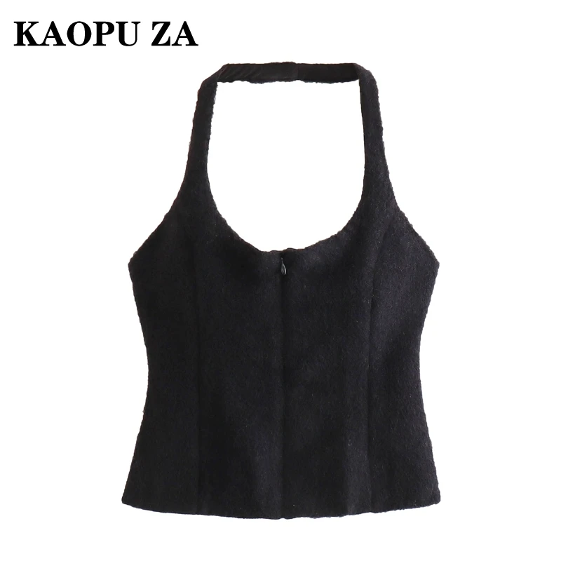 KAOPU ZA 2024 Autumn Woman Fashion Crop Top Faux Fur Vest Halter Top Party Lady Black Sleeveless Shoulder Waistcoat Slim Gilet