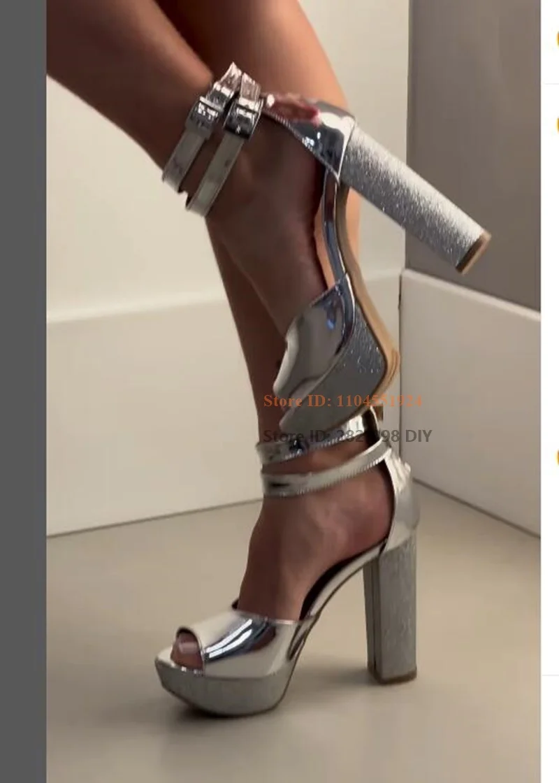 

Open Peep Toe Silvery Mirror Leather Platform Ankle Wrap Straps Chunky High Heeled Women Summer Sandals