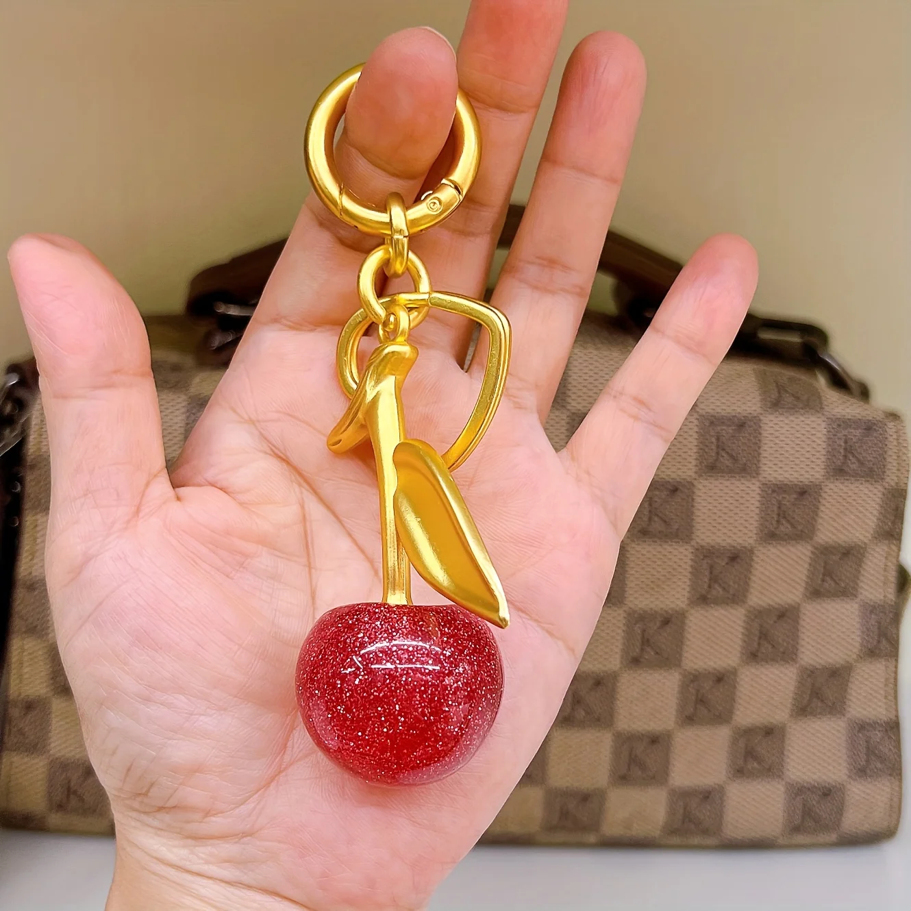 Exquisite Rose Red Cherry Fruit Bag Charm Keychain  Key Ring for Elegant Women Backpack Purse Pendant