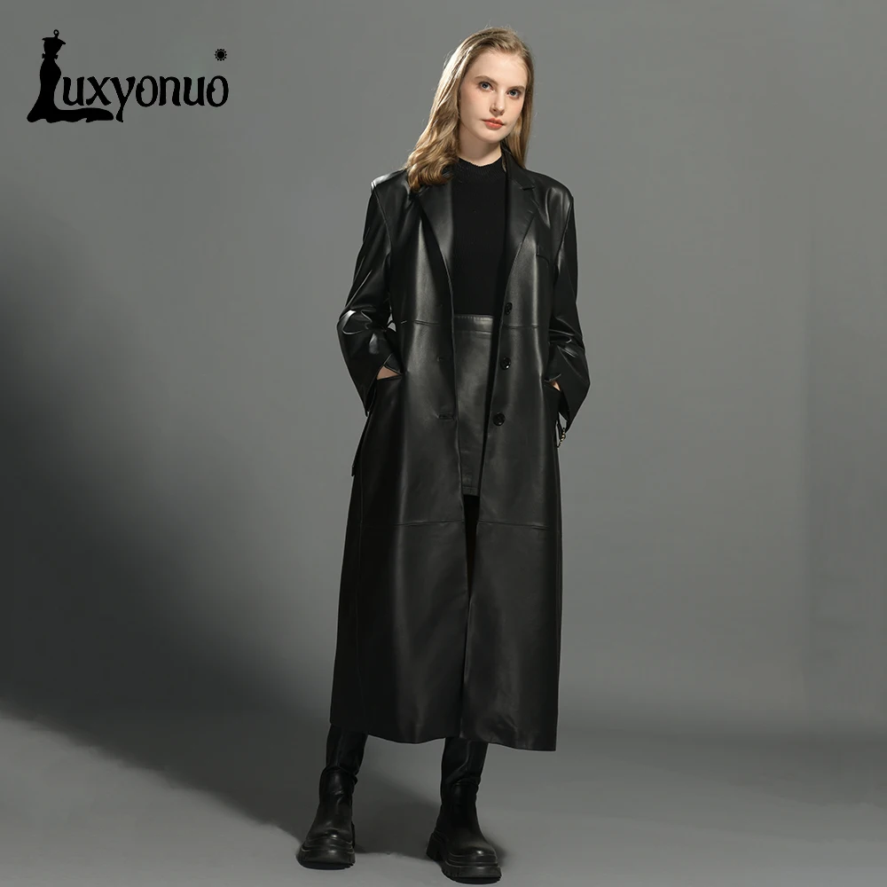 Luxyonuo cappotto in vera pelle da donna per cappotti in pelle di pecora da donna autunnali con cintura giacche lunghe classiche in vera pelle di colore nero