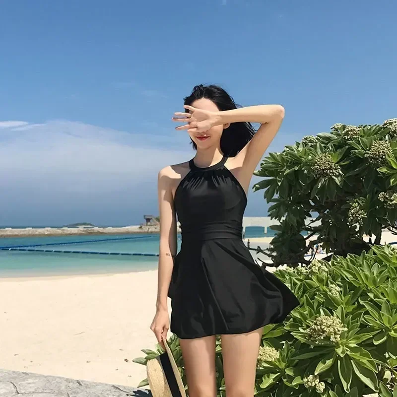 Black Large Swimsuit Women's Conservative One-piece Skirt Style Flat Angle Slim Cover Belly Hot Spring Swimsuit