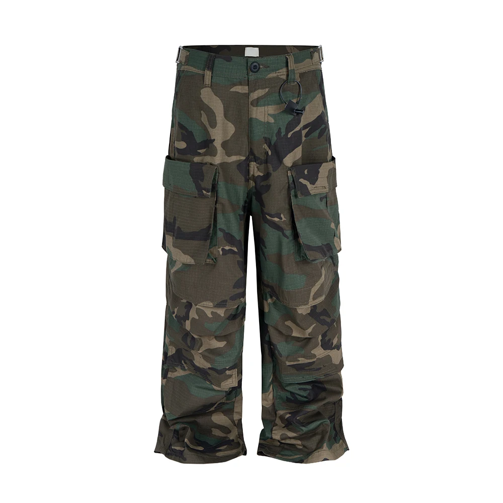 

Color Match Multi-pockets Funtctional Camouflage Cargo Pants for Men Straight Patchwork Overalls Hip Hop Loose Trousers