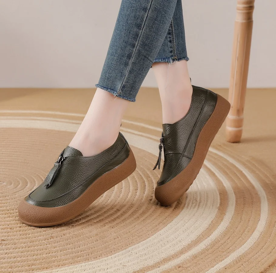New Zip Up Flats Shoes for Women Real Leather Moccasins Woman Unique Luxury Flat Driving Shoes Ladies Red Flats Mom Casual Shoes view 5