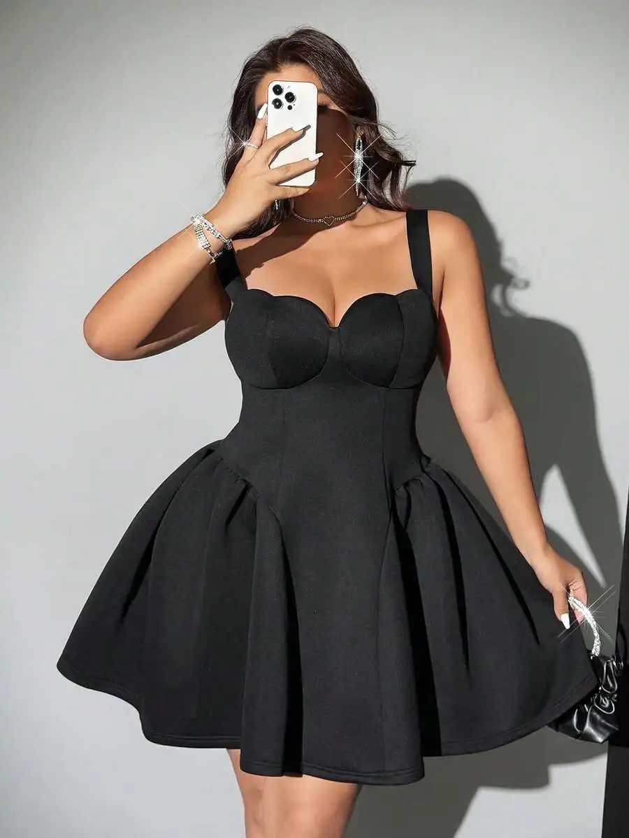 

Plus Size Solid Black Heart Bust Cinched Waist Spaghetti Strap Mini Dress