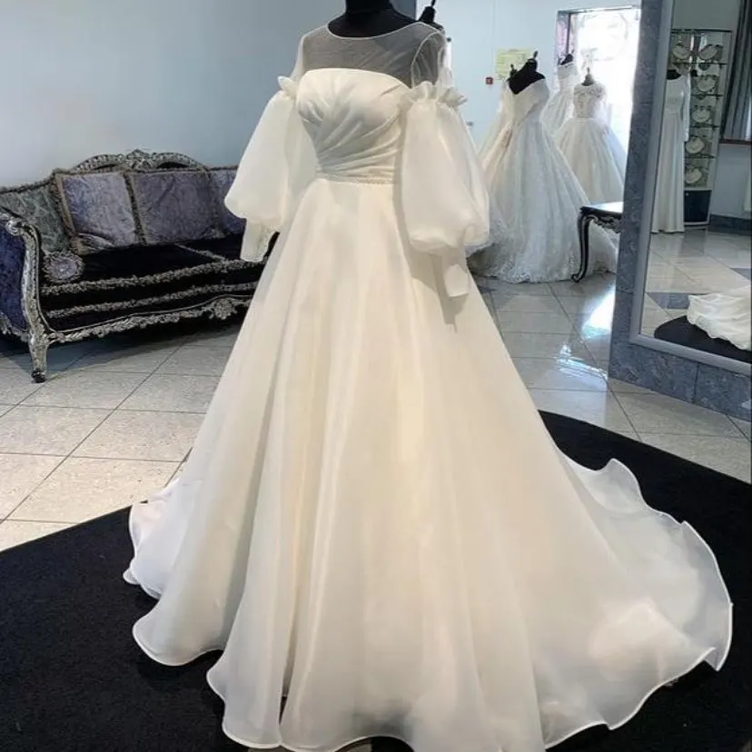 2024 Modest Simple Organza A Line Wedding Dress Lace Puff Long Sleeves Winter Wedding Bridal Gowns Robe de mariage