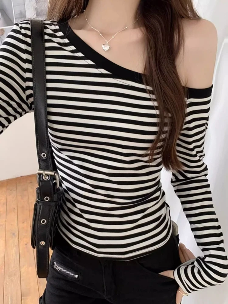 Korean-style striped off-the-shoulder top women' summer fall sexy  slim and hot girl  tops y2k slimming long-sleeve clothes