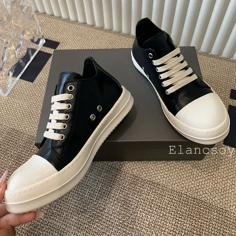 Spring Autumn Genuine Leather Lace Up Sneakers Flat Heel Thick Bottom Mixed Color Casual Shoes Versatile Board Shoes Unisex