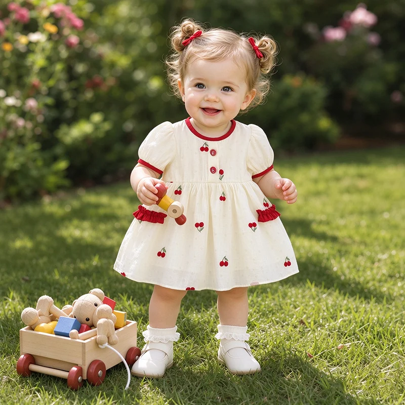 Adorable Summer Children Beige Dress Fashionable Soft Baby Girl Short Sleeve Costume Newborn Sweet Cherry Dresses Kid Clothing