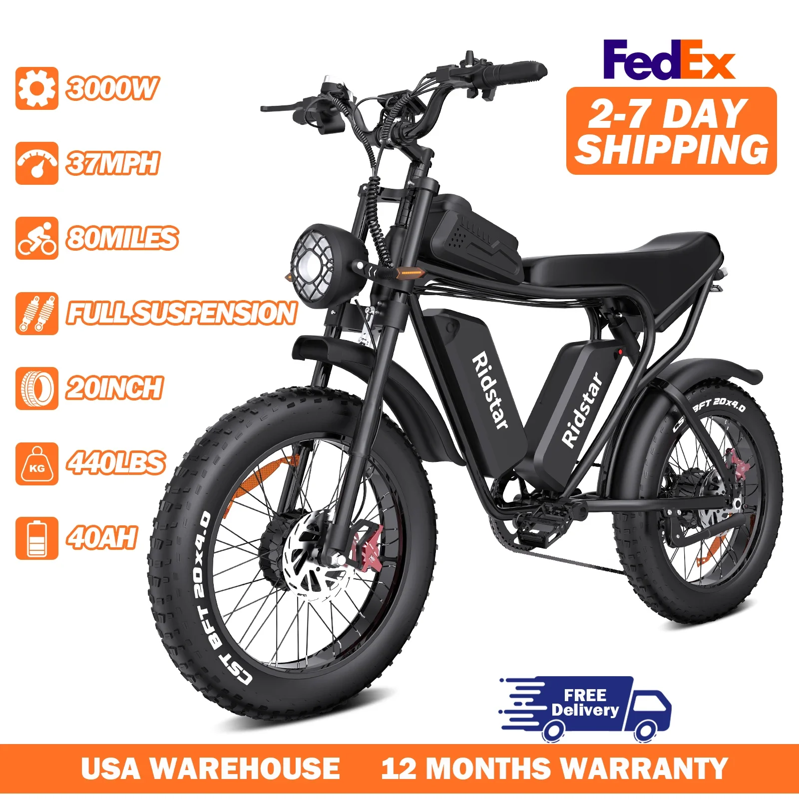 

Ridstar Electric Bike 37MPH 3000W Dual Motor 52V 40Ah 20x4" Fat Tire All Terrain Ebikes Full Suspension E Bike for Adults