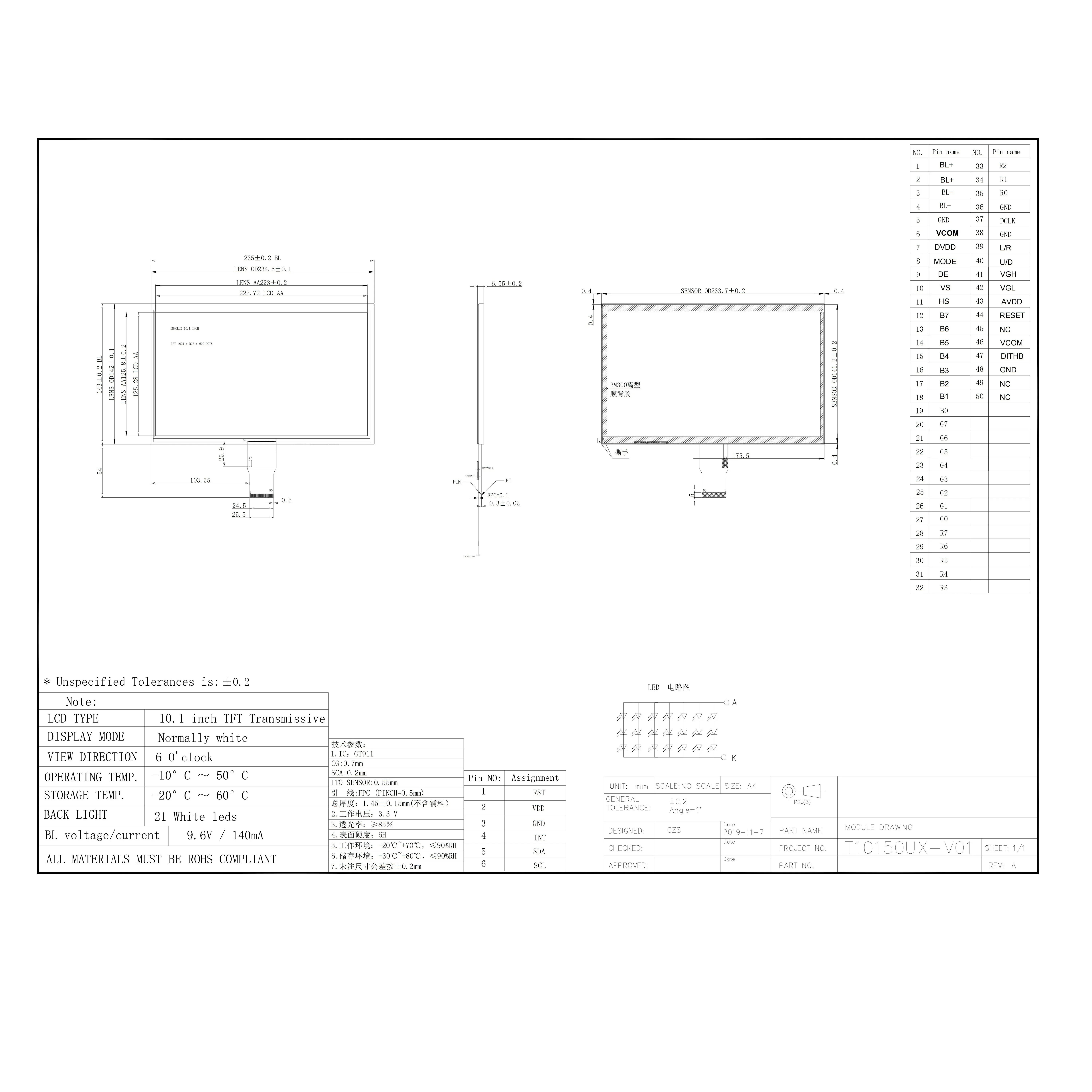 T10150UX-V01 tela LCD TFT de 10,1 polegadas interface RGB driver EK79001 IC
