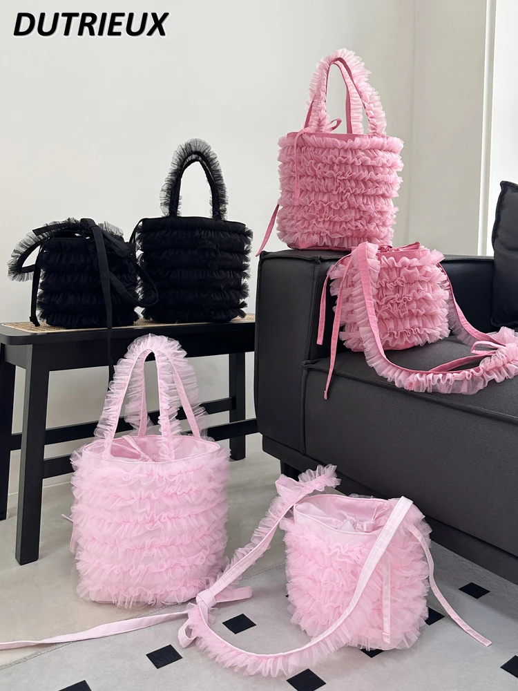 Solid Color Casual Handbag Female Elegant Mesh Bucket Bag for Lady 2024 New Summer Autumn Sweet Cute Simple Women's Handbags