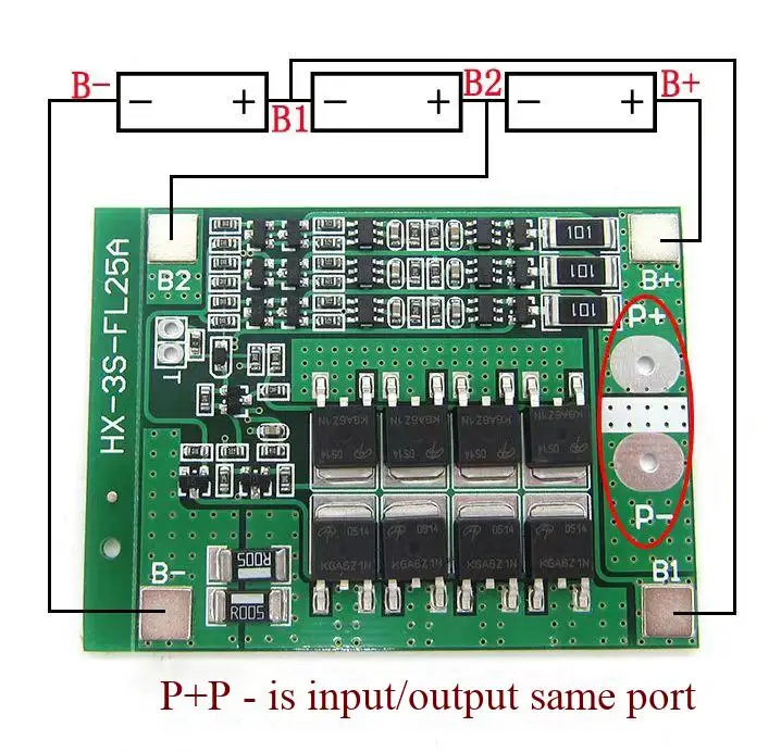 3S 12V 18650 BMS 11,1V-12,6V 25A mit Balancierung, Überstrom-/Lade-/Entladungsschutz. – Detail 2