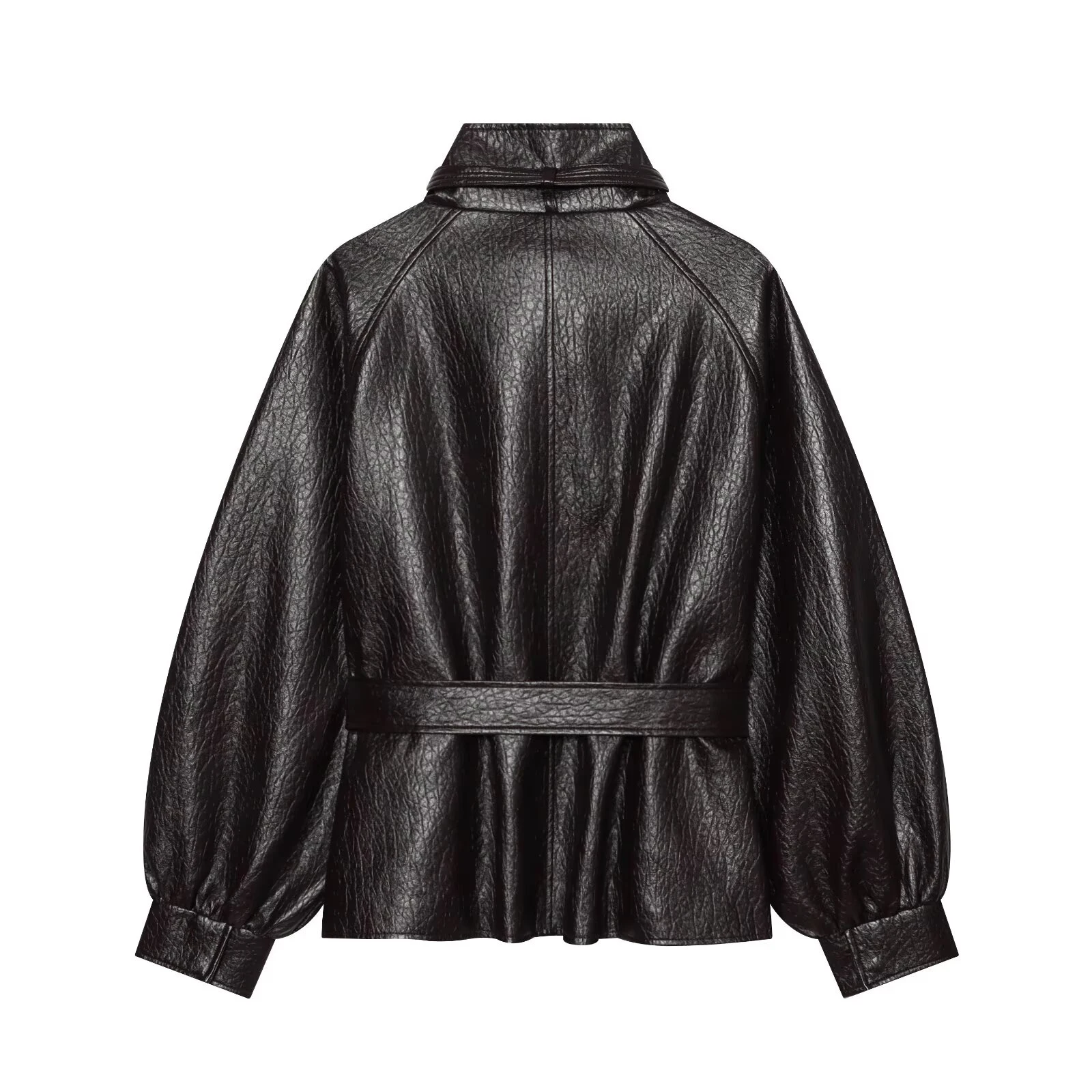 European and American 2026 Fall New Women's Simple Long Sleeve Stand-Up Collar Leather Effect Belted Jacket Outerwear