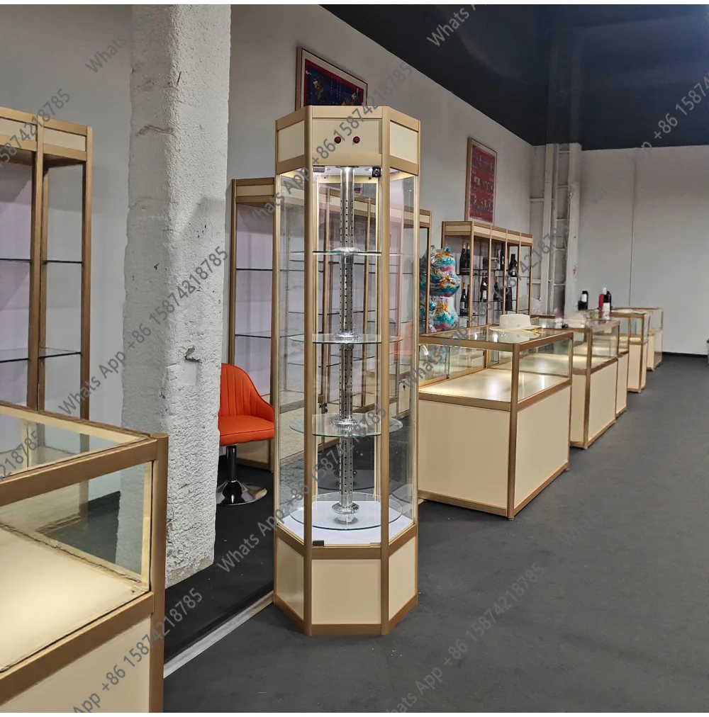 Electric Rotary Display Bank Showcase Hexagonal Glass Cabinet Showroom Red Wine Transparent Round Cabinet