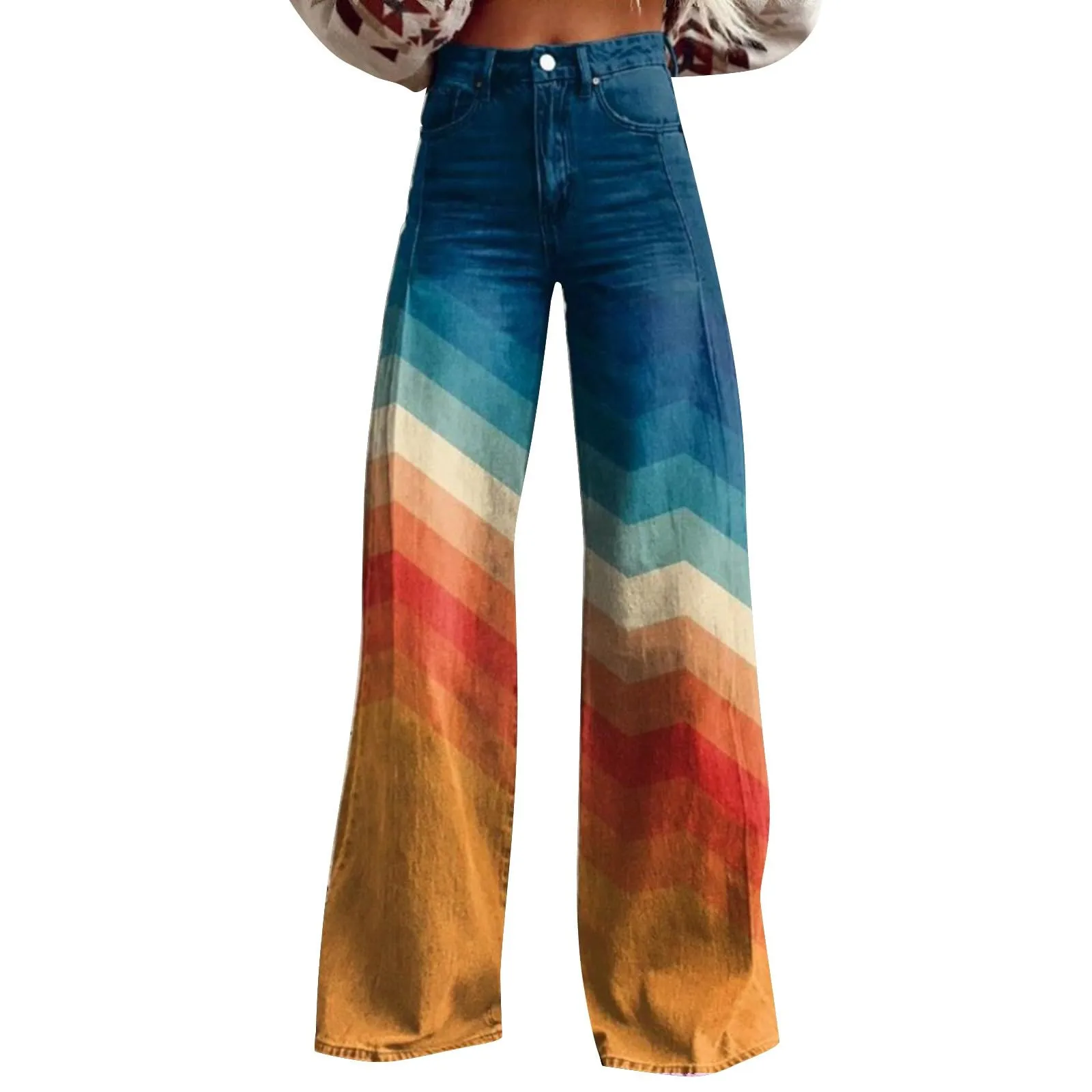 

Vintage Gradient Faux Denim Pants Womens Wide Leg New Fashion High Waist Casual Retro Punk Women Faux Denim Trousers Jeans