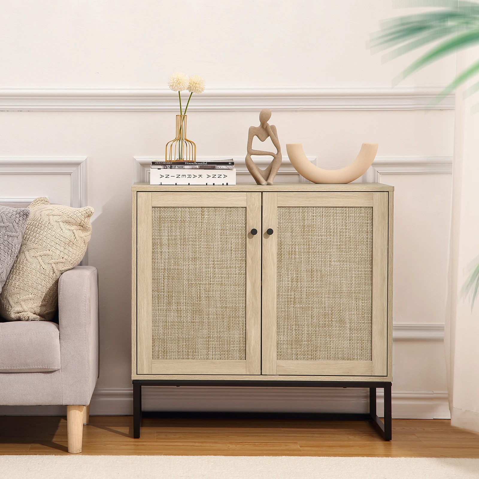 2-Door Rattan Storage Cabinet, Sideboard Buffet Accent Cabinet, Farmhouse Console Table with Storage, Multi-Functional Kitchen Cupboard for Living Room, Hallway, Entryway, Light Oak+Black
