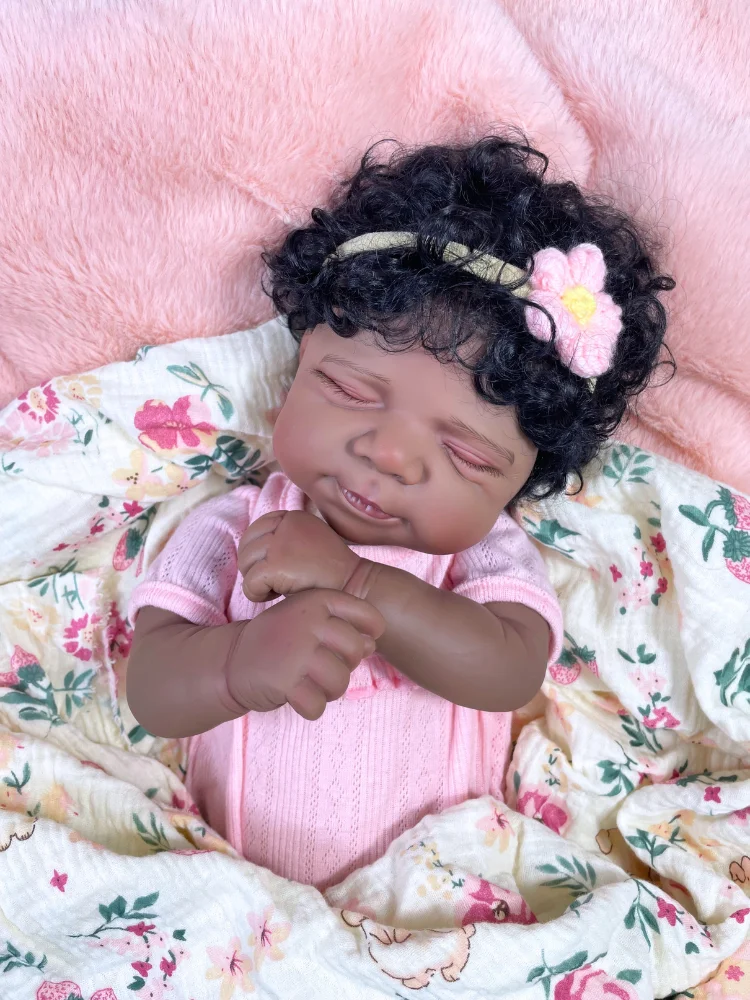 MRB 18 Inch Dark Skin Reborn Baby Doll Pascale African American Newborn Doll Handmade Rooted Hair Soft Fabric Body Toy For Girls