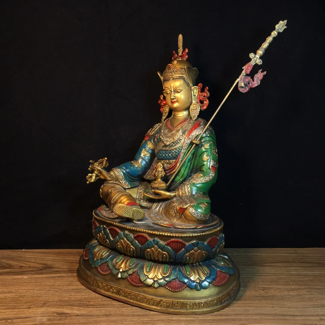 36cm high pure copper painted Tibetan Buddhist Padmasambhava Guru Rinpoche Master Tibetan Buddha statue