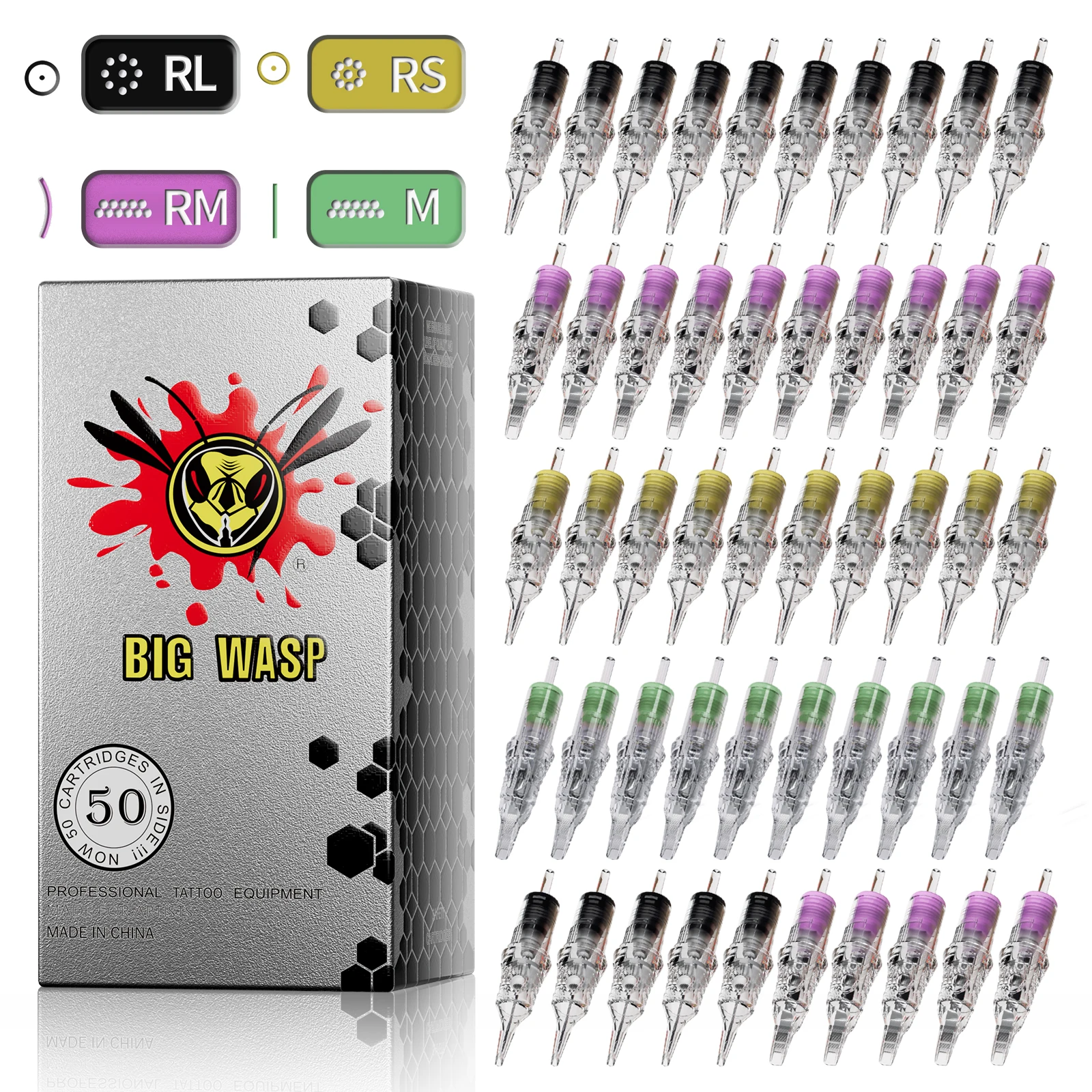 

50PCS BIGWASP Cartridge Tattoo Needles Mixed RL RS RM M1 Permanent Cartridge Needles for Rotary Cartridge Tattoo Machine Pen