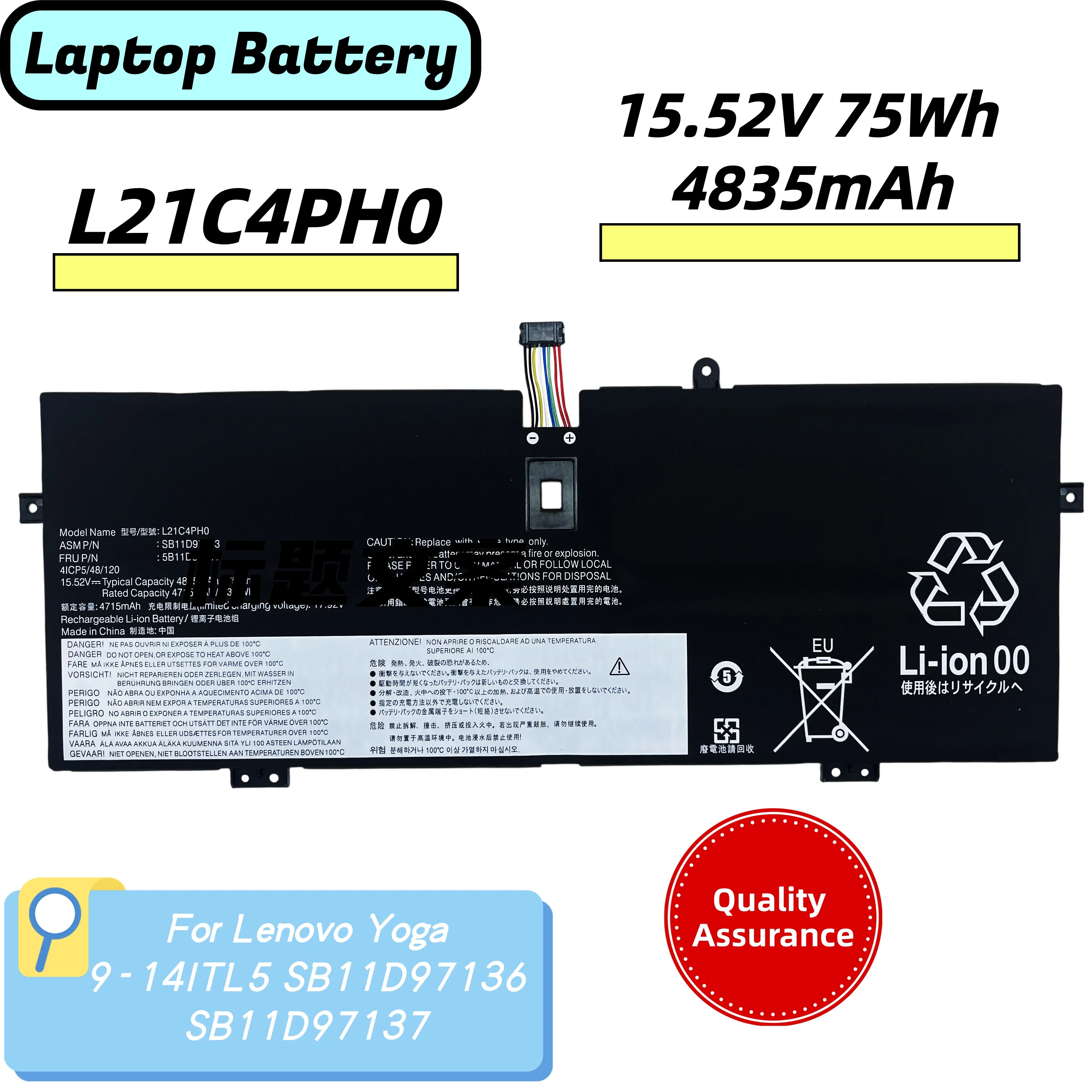 

15.52V 75Wh 4835mAh L21C4PH0 L21B4PH0 L21D4PH0 L21L4PH0 L21M4PH0 New high quality Laptop Battery For Lenovo Yoga 9-14ITL5 SB11D9
