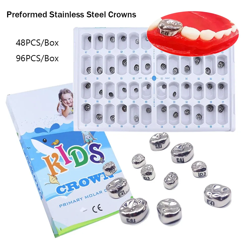 

48/96PCS Dental Preformed Crowns Kids Primary Stainless Steel Temporary Molar Teeth Crown Orthodontic Deciduous Crowns