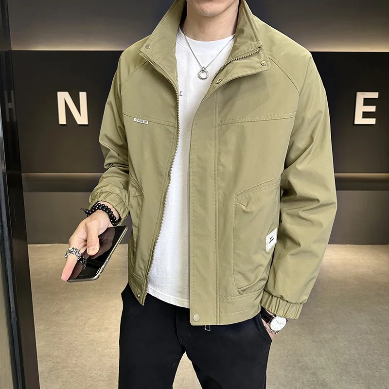 

Тонкий приталенный воротник-стойка для мужчин, весенне-осенняя модная повседневная полиэфирная ткань с защитой от ветра, дизайн на молнии