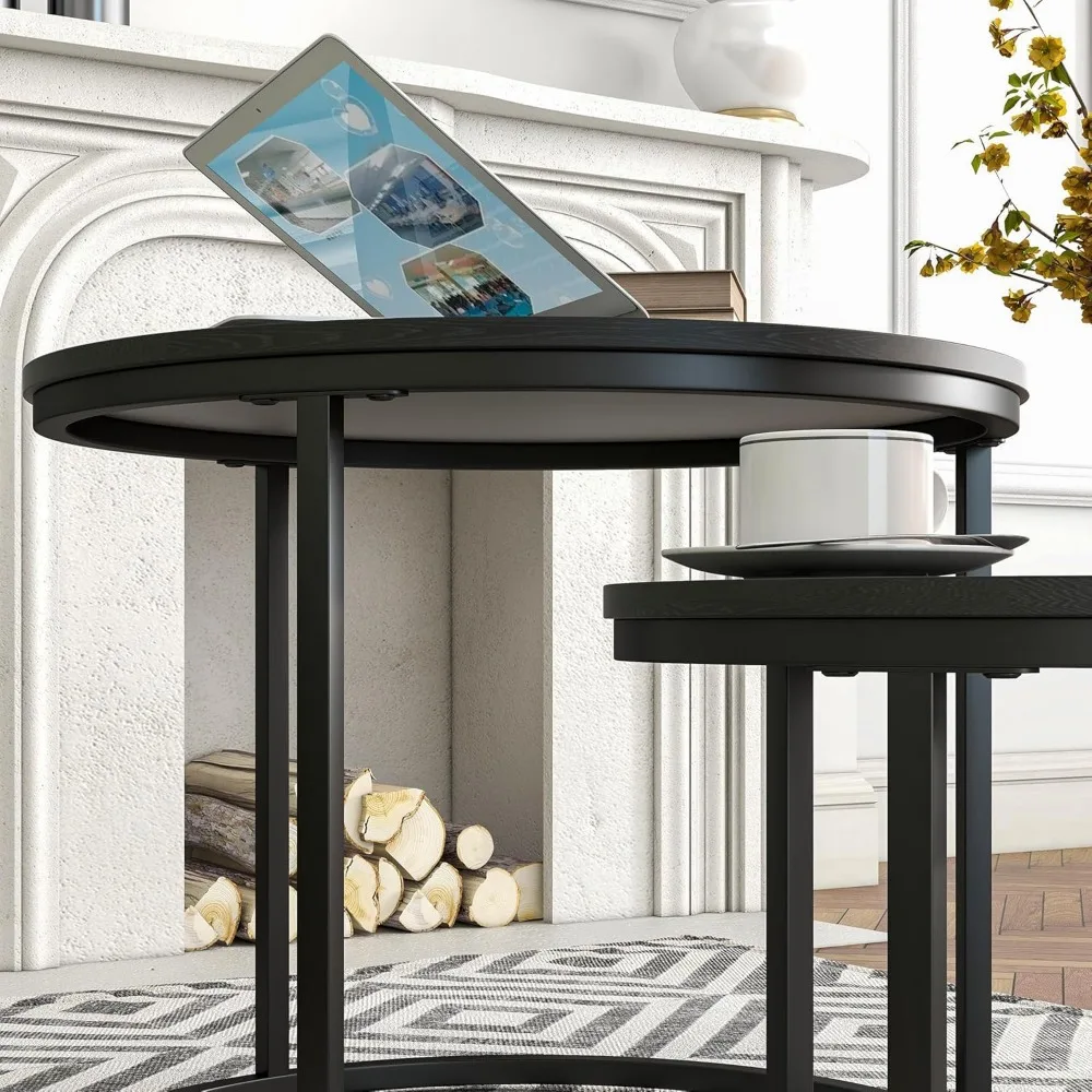 Modern Black Nesting Coffee Tables Set of 2, Round End Tables for Living Room, Farmhouse Style Wood Side Tables