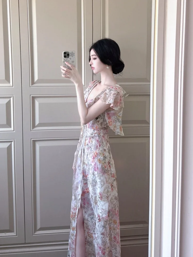 Retro Floral Trim Dr Women's Summer Slimming Long Skirt Vaion Sle ort Sve V-Ne Breathable Comfortable Fit Body...