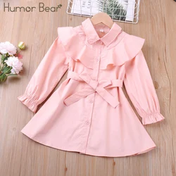 Humor Bear Girls Dress Spring Autumn Long-Sleeve Lapel Collar Ruffle Bow Solid Color Toddler Princess Kids Party Dress