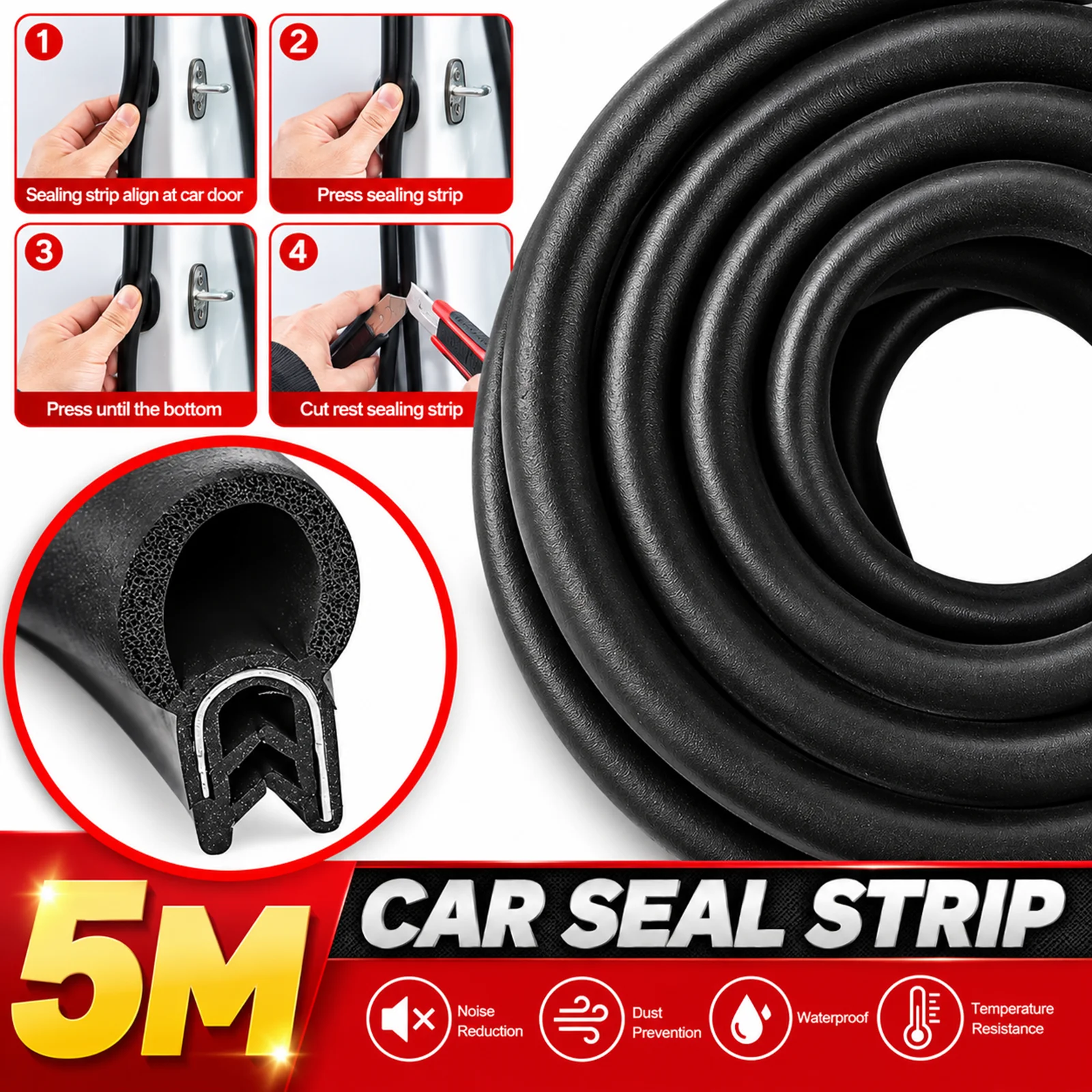 5m Car Door Sealing Strip Noise Insulation Rubber Seals Dust Anti-collision Auto Seal Trunk Engine Door Seal Tailgate Seal Kit