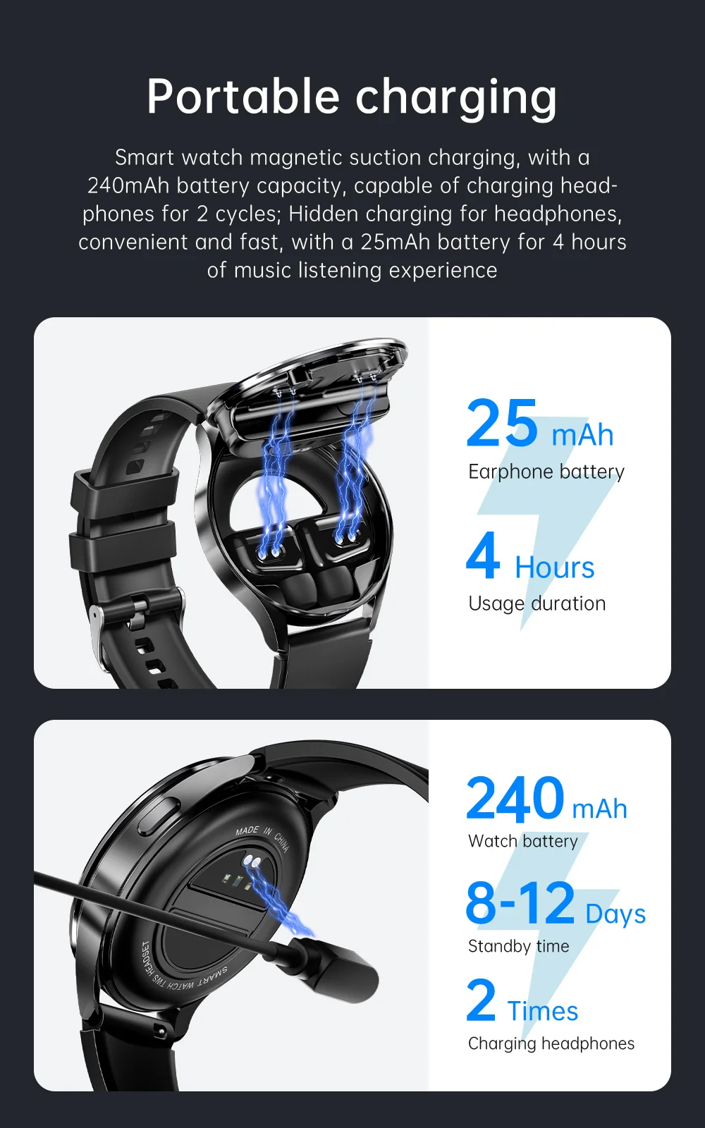 Reloj inteligente 2 en 1 con auriculares TWS, Bluetooth, monitor de ritmo cardíaco y presión arterial, novedad de 2024