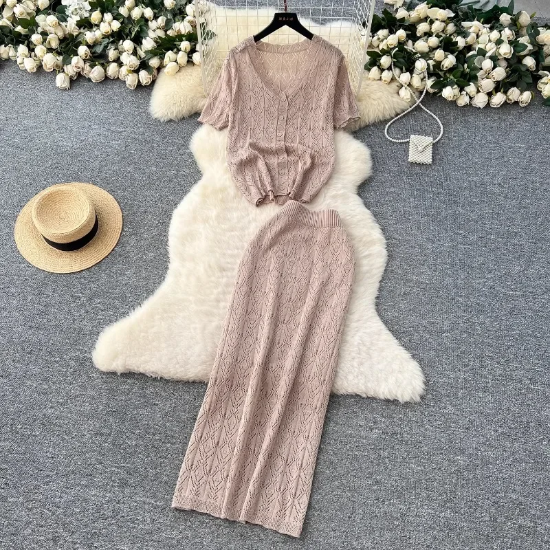 

Casual Hollow Out Short Sleeve Knit T-shirt+Elastic High Waist Maxi Skirt 2-pieces Sets Summer Women' Sets New Solid Elegant Set