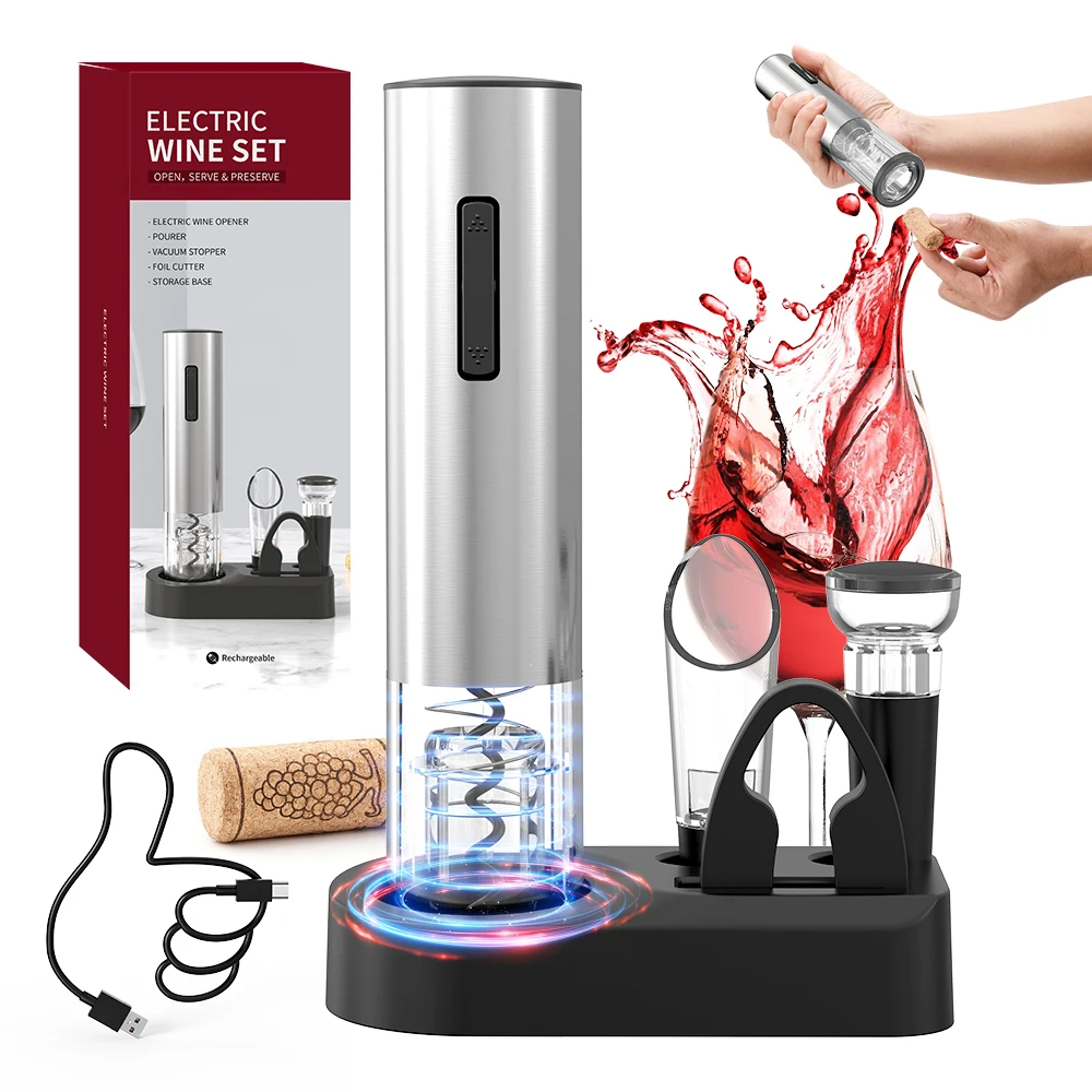 5-in-1 Electric Wine Opener Set, USB Rechargeable Automatic Corkscrew with Storage Base, LED Light, Foil Cutter, Pourer & Vacuum